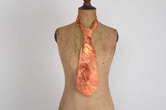 1940's Copper feather print rayon tie, Lindy hop,