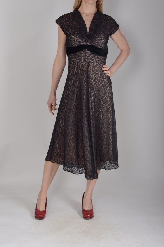 1950's Black lace illusion dress, S, True Vintage - image 3