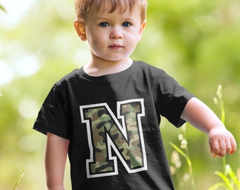 Boys Camo Print Alphabet Initial Black Organic Cotton T-Shirt - Available in A-Z, Sustainable Gift