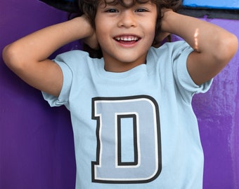 Boys Alphabet Initial Blue T-Shirt, Available in A-Z, Kids Birthday Gift, Customised Custom Name