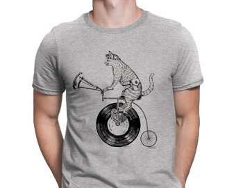 Mens T-Shirt CAT VINYL - Organic Cotton - Gramophone LP Record Music Gift him 12" 7" Funny Funky, Stanley Stella Top