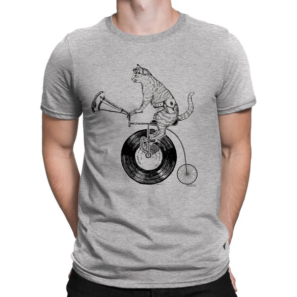 Mens T-Shirt CAT VINYL - Organic Cotton - Gramophone LP Record Music Gift him 12" 7" Funny Funky, Stanley Stella Top