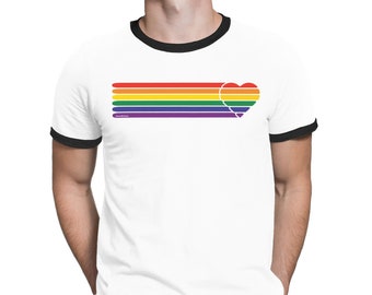 Retro Heart Strip - Organic Cotton T-Shirt with Gay Pride Rainbow Colours LGBT Mens