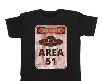 Danger Area 51 Aliens - Organic Cotton - T-Shirt Mens Flying Saucer Funny, Sustainable Gift