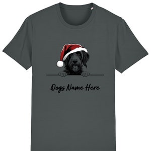 May include: Dark grey t-shirt with a black dog wearing a Santa hat. The dog's head and paws are above a line, with the text "Dogs Name Here" below. The shirt has a crew neck.