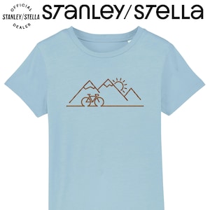 Kids Cycling T-Shirt, Line Art Scenic Mountains, Clothing Tee Cotton, Boys Girls Unisex