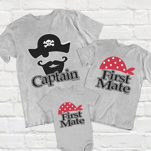 CAPTAIN First MATE, Pirates Themed Family T-Shirt and Babygrow Set, Made from Organic Cotton, For Daddy, Son and Daughter