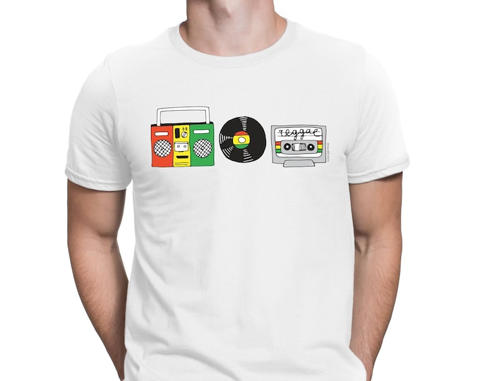 Mens Reggae T-Shirt - Reggae Sounds - Ghetto Blaster Vinyl Record Cassette Tape - Organic Cotton , Sustainable Gift