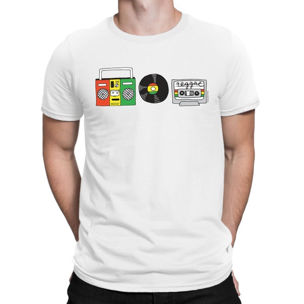 Mens Reggae T-Shirt - Reggae Sounds - Ghetto Blaster Vinyl Record Cassette Tape - Organic Cotton , Sustainable Gift