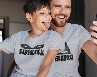 Eco Friendly Family Matching T-Shirts, SUPERHERO and SIDEKICK Masks, Fathers Day Gift Dad Son Daughter, Made From Tee Cotton