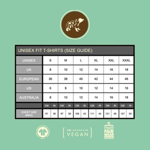 May include: A size chart for unisex t-shirts with measurements in inches and centimeters. The chart shows sizes from small to XXXL, with corresponding measurements for UK, European, US, and Australian sizing. The chart also includes chest size measurements in inches and centimeters.