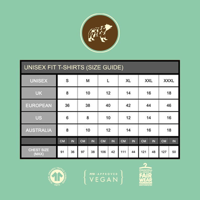 May include: A size chart for unisex t-shirts with measurements in inches and centimeters. The chart shows sizes from small to XXXL, with corresponding measurements for UK, European, US, and Australian sizing. The chart also includes chest size measurements in inches and centimeters.