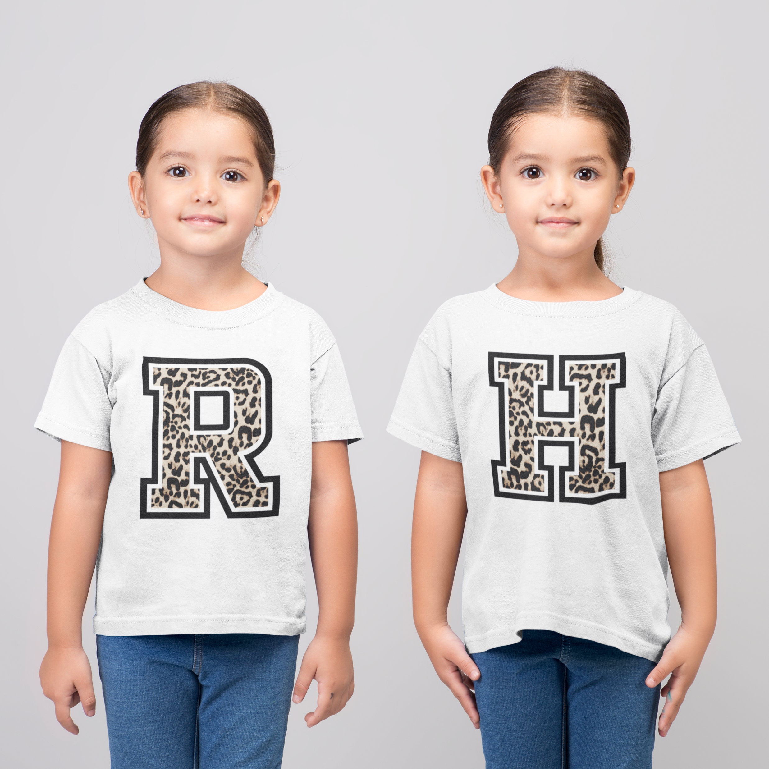 Girls Leopard Print Alphabet Initial Tee Cotton White T