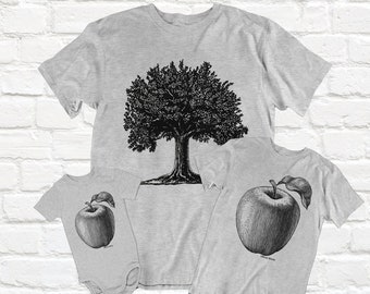 Family Gift T-Shirt, Apple Never Falls Far Tree Print, Tee Cotton, Dad Matching Son Daughter Baby Family, Perfect Gift