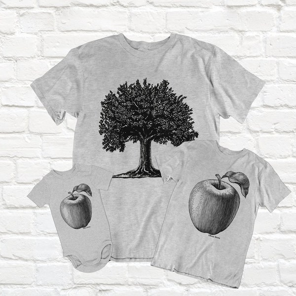 Umweltfreundliches Familiengeschenk T-Shirt, Apfel Never Falls Far Tree Print, Bio-Baumwolle, Papa Passender Sohn Tochter Baby Familie, Nachhaltiges Geschenk