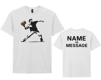 T-Shirt with Banksy Burger Throwing Street Art, Personalised Tee