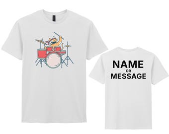 T-Shirt with Cute Cat Drummer Illustration, Personalised Tee