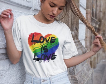 Love Is Love - Womens GAY Tee Cotton T-Shirt - Rainbow Heart LGBT Pride Christmas Gift