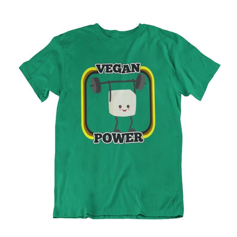 May include: Green t-shirt with a retro-style graphic of a tofu cube lifting a barbell with the text "VEGAN POWER".