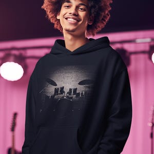 Drums Hoodie, Minimalist Design, Mens Womens Unisex Fit Drummer Music Gift