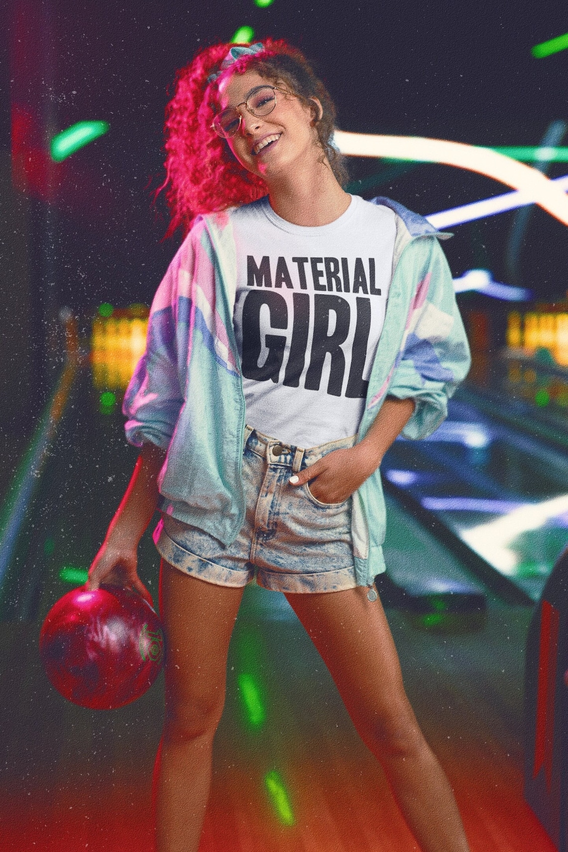 Girl wearing an organic Material Girl T-shirt