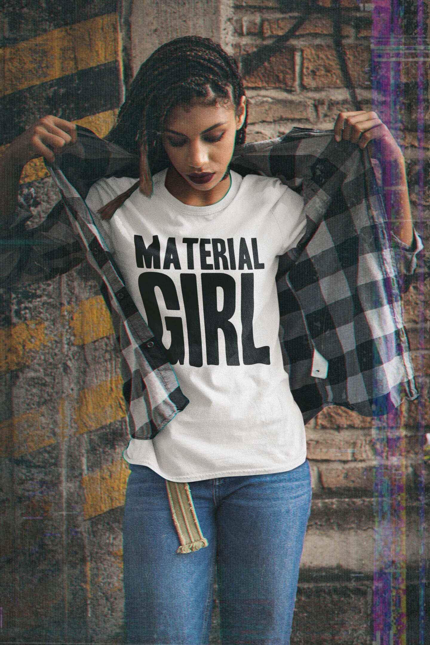 FreeWillShirts Material Girl 80s Womens T-Shirt, Organic Cotton, Ladies Retro Fancy Dress Party Weekend
