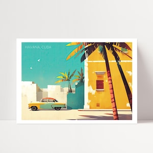 Havana, Cuba, travel print - printable instant download - A3/A4 - Habana street digital art, 1950s car, palm trees, vintage, orange, blue