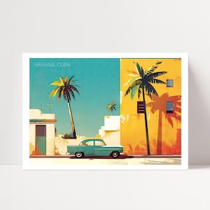 Havana, Cuba, travel print - printable instant download - A3/A4 - Habana street digital art, 1950s car, palm trees, vintage, orange, blue