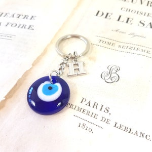 Schlüsselanhänger Personalisiertes blaues Glas Evil Eye Schlüsselanhänger mit Initiale, griechischem Mati, Buchstabenmonogramm vorhanden, türkischem Nazar Good Luck-Schutz