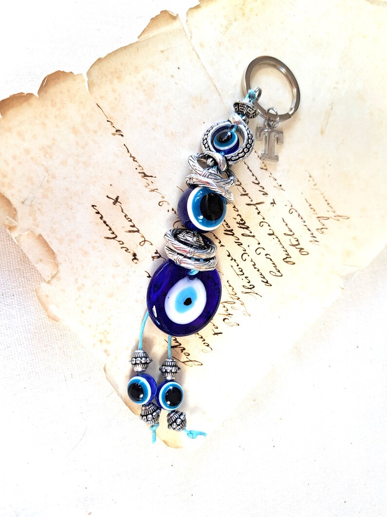 Large EVIL EYE KEYCHAIN With Initial, Large Blue Glass, Turkisch Greek