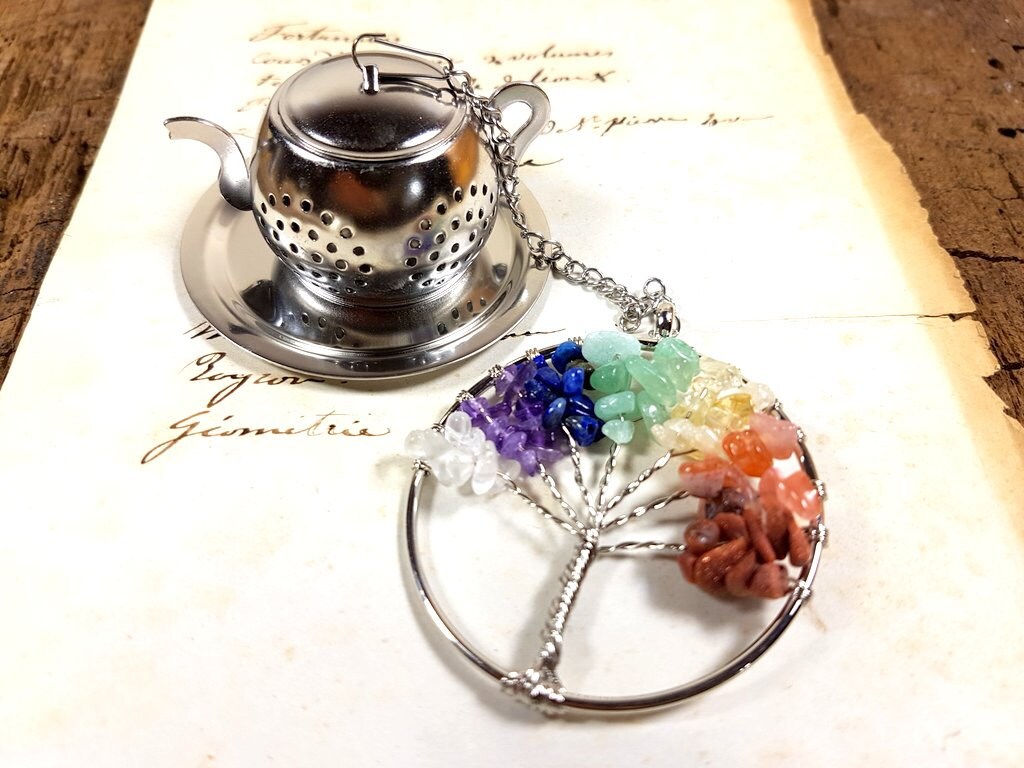 Infuseur de Thé Famille Arbre Vie Quartz Naturel Multicolore Pierre Pendentif Cristal Gemmes Théière