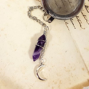 Tea strainer with Waning Cresent Moon Phase Charm and Amethyst Quartz stone, infuse Natural Crystal Ball Strainer mesh gift present her mom