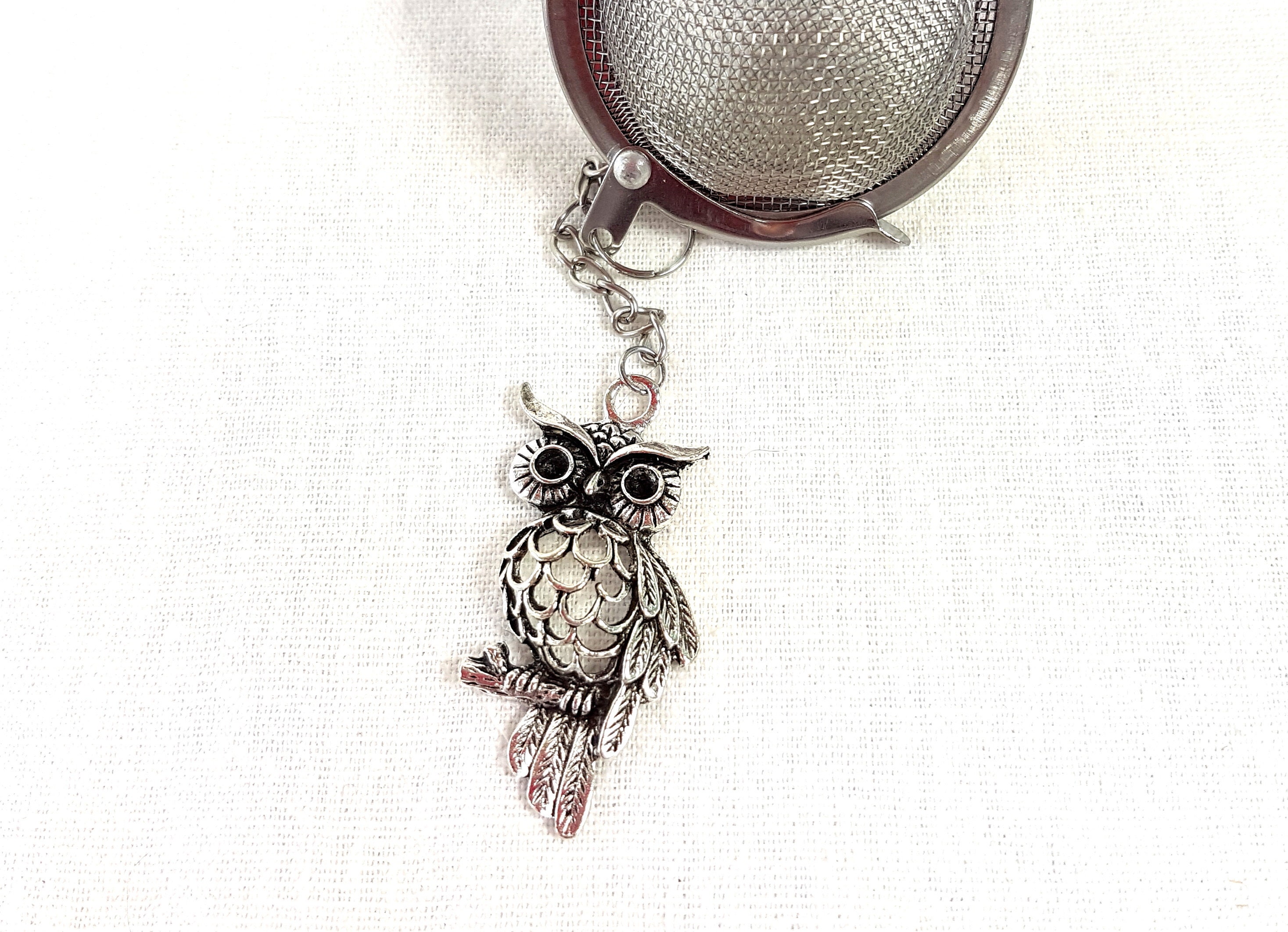 Infuseur de Thé avec Grand Pendentif Owl, Charme Argenté Tibétain, Passoire à Thé, Théière, Boule In