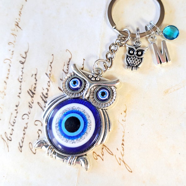 PORTE-CLÉS Evil Eye OWL avec initiaal, groot blauw glas, Turks-Griekse mati, briefmonogram cadeau aanwezig, Nazar Good Luck