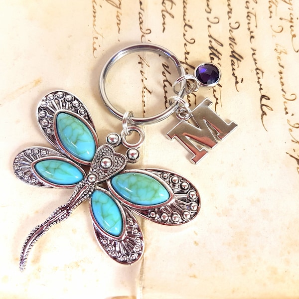 Grand porte-clés personnalisé 3D DRAGONFLY, argent inoxydable, cadeau amoureux des insectes de la nature, porte-clés, pierre de naissance Swarovski turquoise initiale