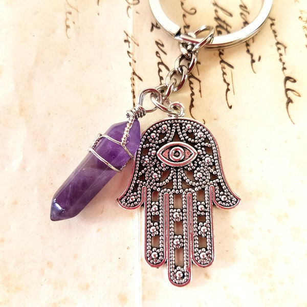 Personalized Evil Eye Hamsa Hand Keychain with initial and amethyst quartz stone, letter monogram present, Turkish Nazar Good Luck diamond