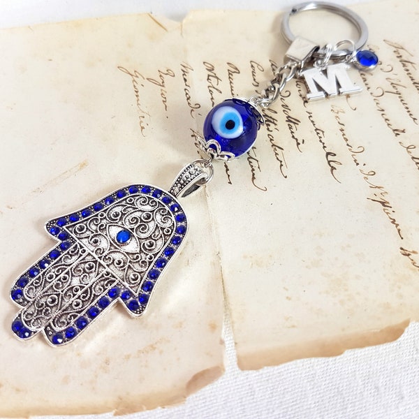 Porte-clés personnalisé Evil Eye Hamsa avec initiale, mati grec turc, lettre cadeau monogramme, diamant turc Nazar Bonne chance