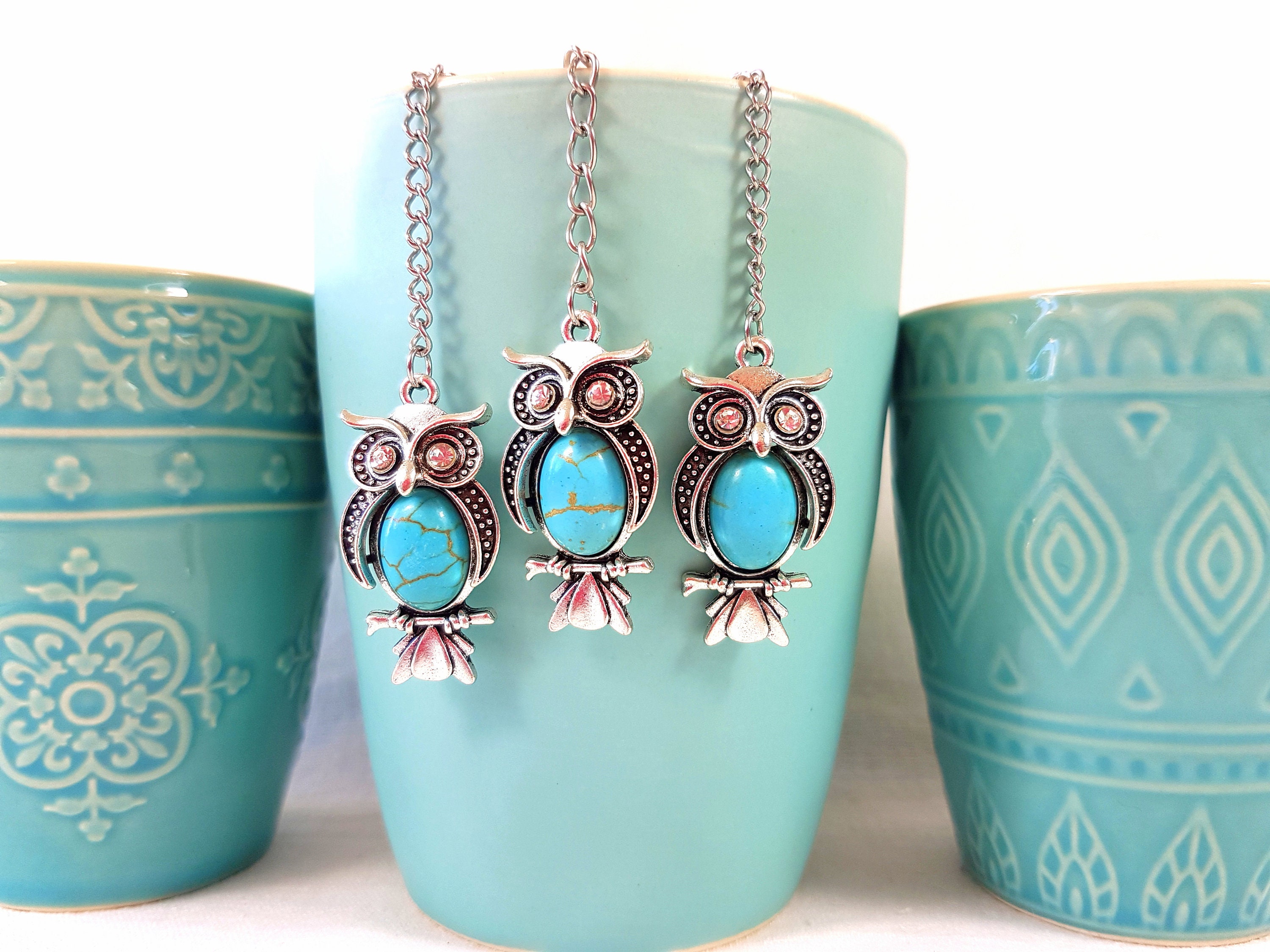 Infuser de Thé avec Pendentif Owl en Marbre Turquoise, Charme Couleur Argentée, Passoire Thé, Tea Ma