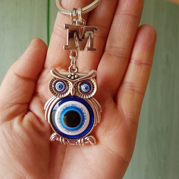 Gepersonaliseerde Evil Eye OWL LLAVERO con inicial, groot blauw glas, Turks-Griekse mati, breve monograma cadeau aanwezig, Nazar Buena Suerte