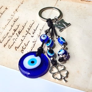 Personalisierter EVIL EYE KEYCHAIN mit Initiale, großem blauem Glas, türkisch griechischem mati, Buchstabenmonogramm Geschenk, türkisch Nazar Good Luck