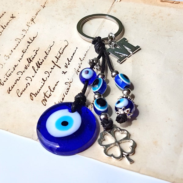 PORTE-CLÉS EVIL EYE personnalisé avec initiale, grand verre bleu, mati grec turc, cadeau de lettre monogramme cadeau, turc Nazar bonne chance