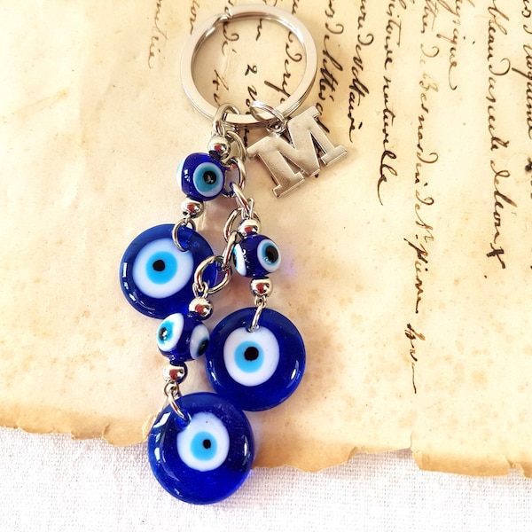 Keyring Personalized blue glass Evil Eye Keychain with initial, greek mati, letter monogram present, Turkish Nazar Good Luck protection