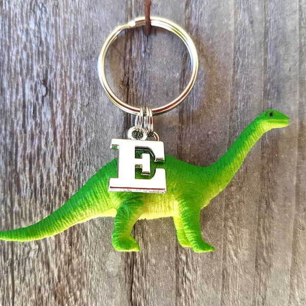 Personalized Dinosaur keychain, keyring with stainless steel initial, alphabet letter monogram ABC, gift present unique different retro boho