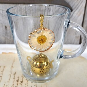 May include: A glass teacup with a gold-rimmed tea infuser featuring a pressed white daisy. The infuser is hanging from a gold chain.