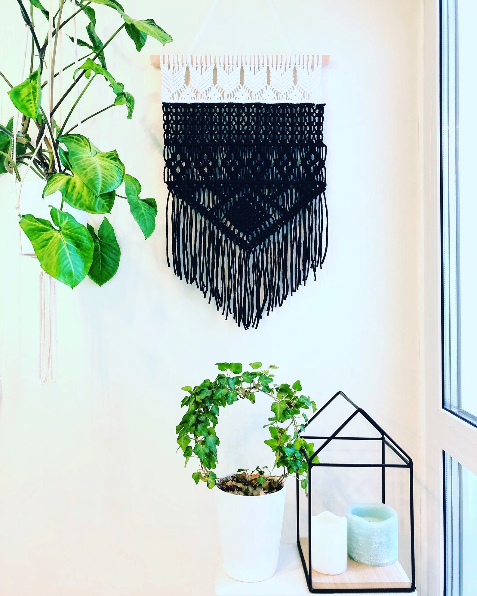 Large Macrame Wall Hanging Black and White Modern Macrame Etsy