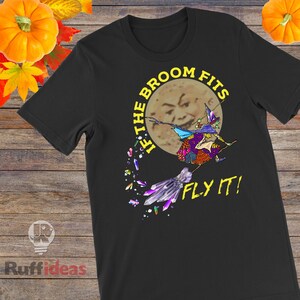 Funny Witch on Broom with Crystals Full Moon Face Halloween Short-Sleeve Unisex T-Shirt