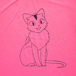 May include: A pink t-shirt with a black line drawing of a cat on the front. The cat is sitting with its tail curled around its legs.