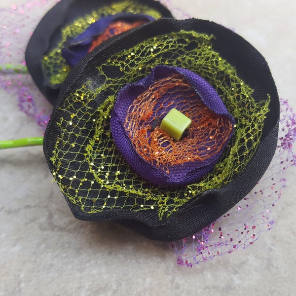 Halloween Flower bobby pins. Purple, orange, green, & black bobby pins. Sparkly tulle Halloween hair accessories, Neon green hair accessory