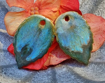 Pair of ceramic charms. Jewelry making components, Leaf charms, earthy charms, boho charms, essential oil pendants, nature charms