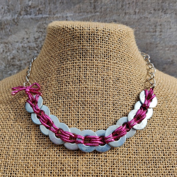 Upcycled washers statement necklace, Hot pink and silver washers choker, Recycled industrial necklace, Alternative necklace